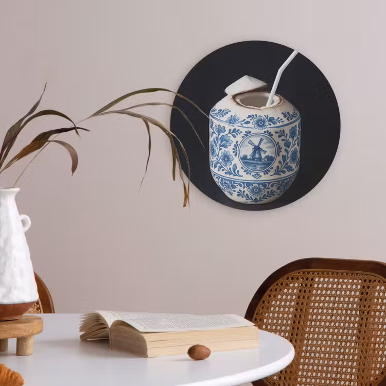 Kokosnoot - Eten - Delfts blauw - Drinken Akoestische PET Vilt - Rond klein -sfeer3