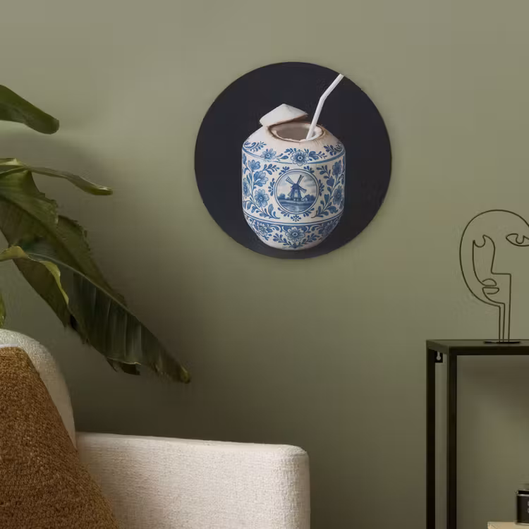 Kokosnoot - Eten - Delfts blauw - Drinken Akoestische PET Vilt - Rond klein -sfeer2
