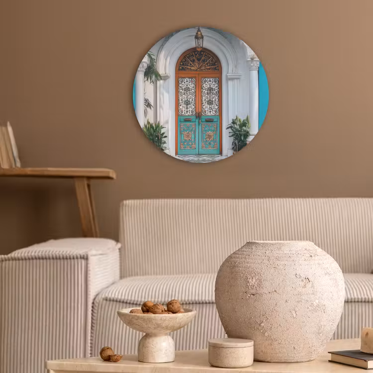 Zuilen - Sierlijke - Deur - Blauw Akoestische PET Vilt - Rond klein -sfeer1