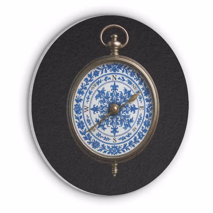 Kompas - Delfts blauw - Zwart Akoestische PET Vilt - Rond klein -3d