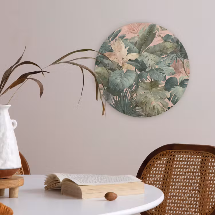 Compositie van bladeren - Groen - Roze Akoestische PET Vilt - Rond klein -sfeer3