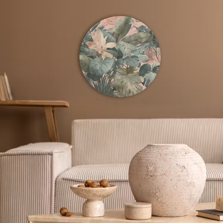 Compositie van bladeren - Groen - Roze Akoestische PET Vilt - Rond klein -sfeer1