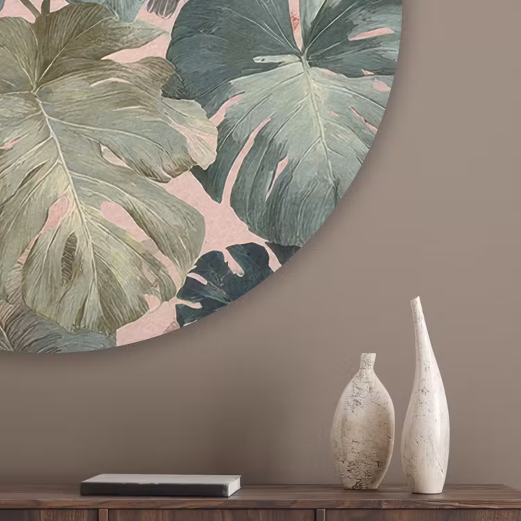 Compositie van bladeren - Groen - Roze Akoestische PET Vilt - Rond klein -sfeer5_closeup