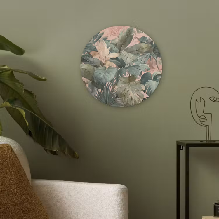 Compositie van bladeren - Groen - Roze Akoestische PET Vilt - Rond klein -sfeer2