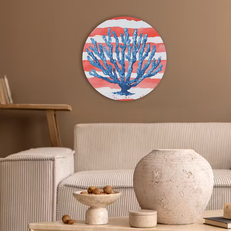 Koraal - Verfstructuur - Rood - Blauw Akoestische PET Vilt - Rond klein -sfeer1
