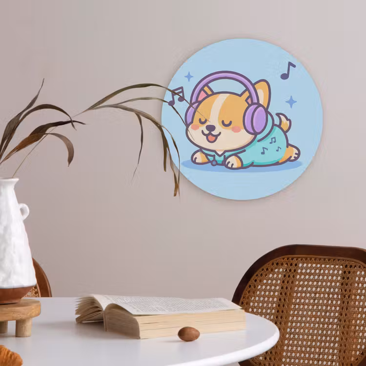 Corgi - Koptelefoon - Blauw - Muzieknoten Akoestische PET Vilt - Rond klein -sfeer3