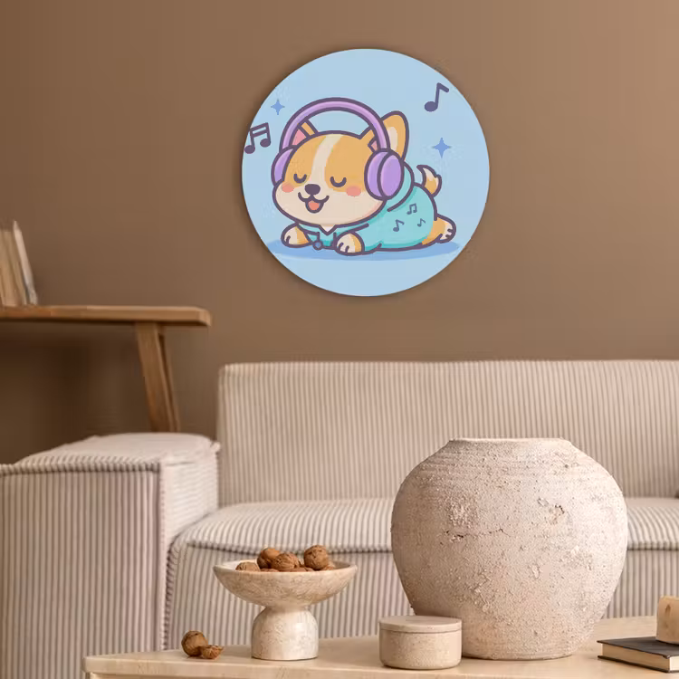 Corgi - Koptelefoon - Blauw - Muzieknoten Akoestische PET Vilt - Rond klein -sfeer1