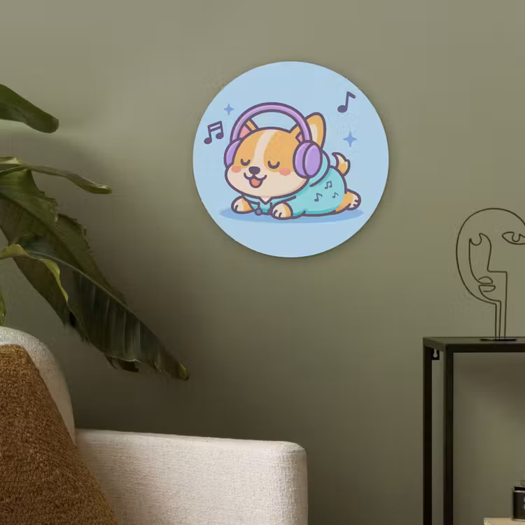 Corgi - Koptelefoon - Blauw - Muzieknoten Akoestische PET Vilt - Rond klein -sfeer2