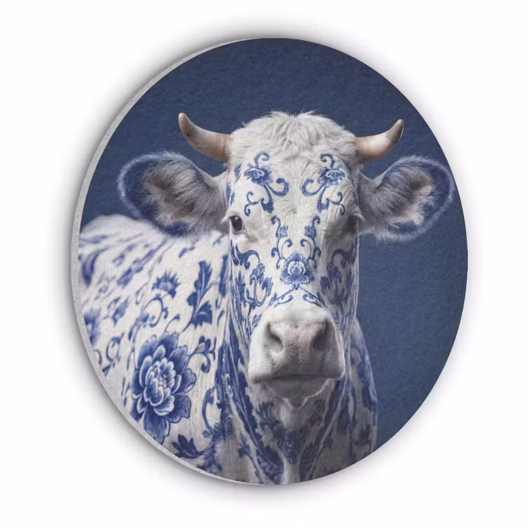 Koe - Delfts - Blauw - Artistiek Akoestische PET Vilt - Rond klein -3d