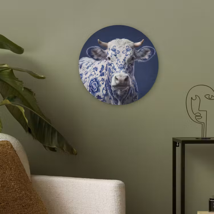 Koe - Delfts - Blauw - Artistiek Akoestische PET Vilt - Rond klein -sfeer2