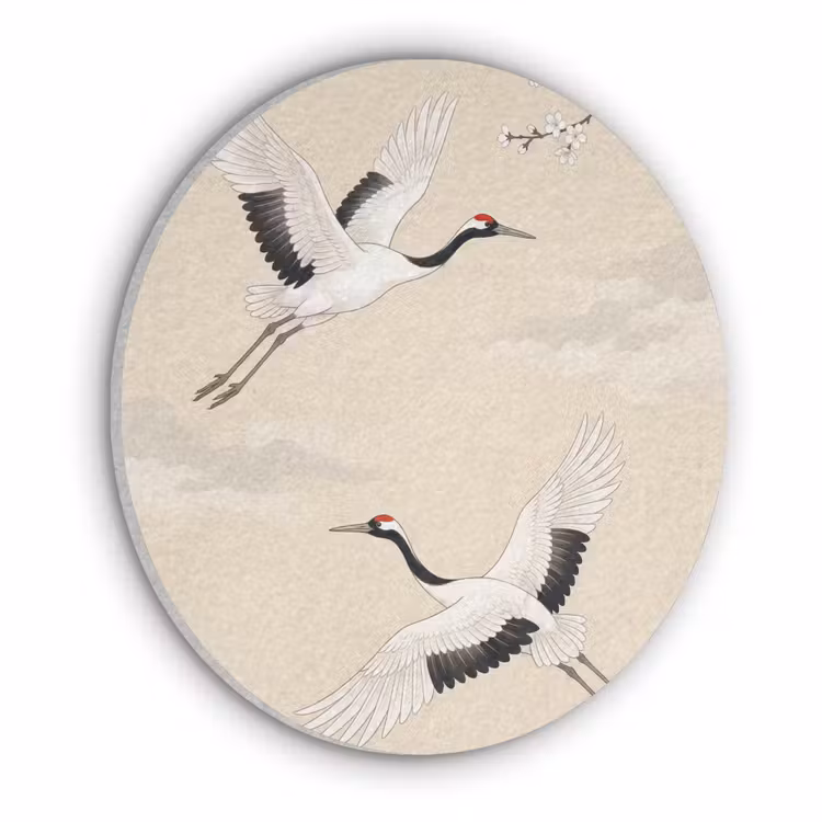 Kraanvogels - Bloesem - Beige Akoestische PET Vilt - Rond klein -3d