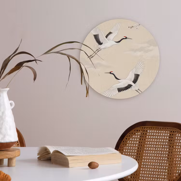 Kraanvogels - Bloesem - Beige Akoestische PET Vilt - Rond klein -sfeer3