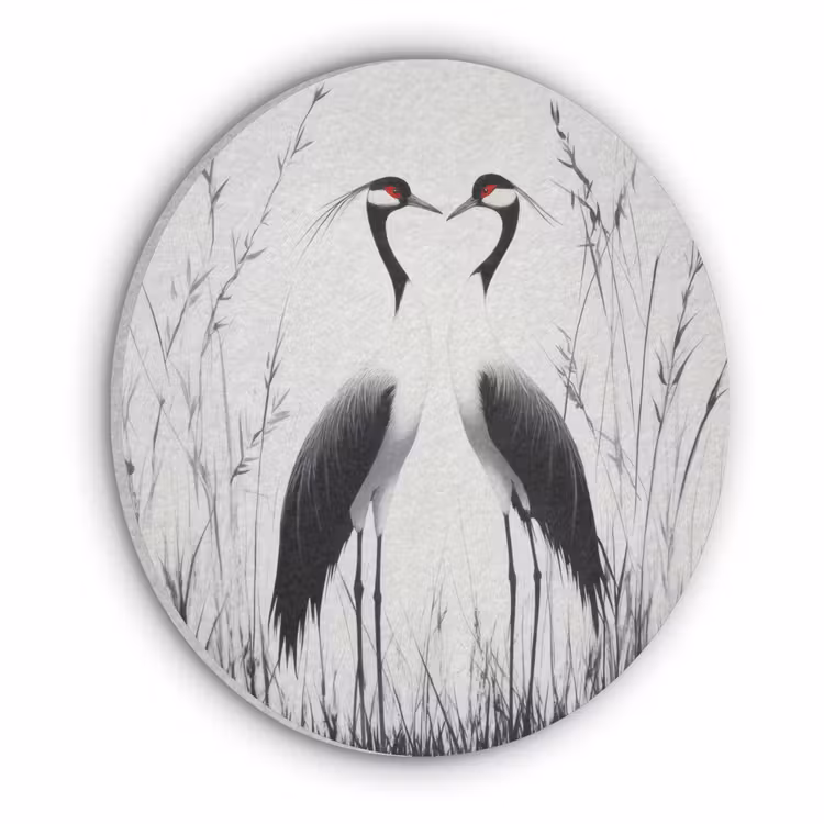 Kraanvogels - Gras - Hartvorm - Zwart Akoestische PET Vilt - Rond klein -3d