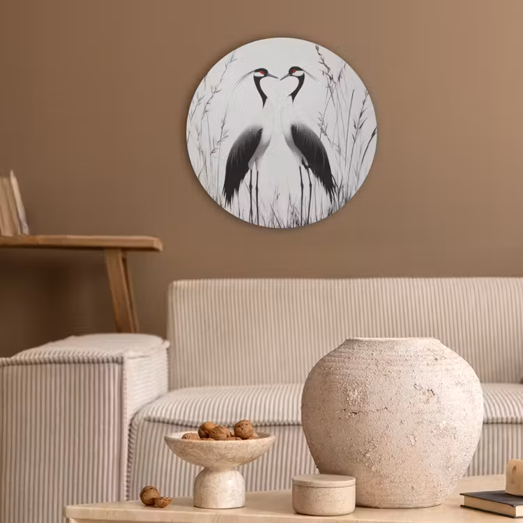 Kraanvogels - Gras - Hartvorm - Zwart Akoestische PET Vilt - Rond klein -sfeer1