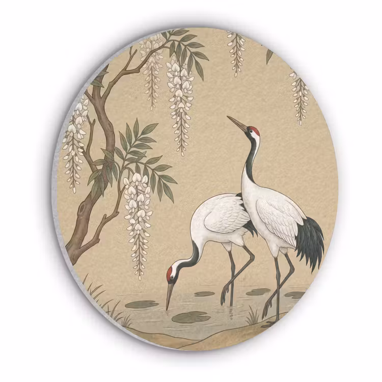 Kraanvogels - Water - Beige Akoestische PET Vilt - Rond klein -3d