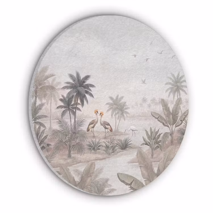 Kraanvogels - Palmbomen - Tropisch Akoestische PET Vilt - Rond klein -3d