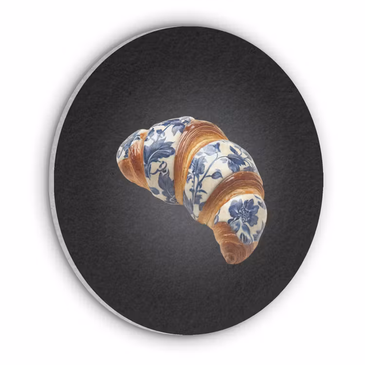 Croissant - Bloemenpatroon - Delftsblauw Akoestische PET Vilt - Rond klein -3d