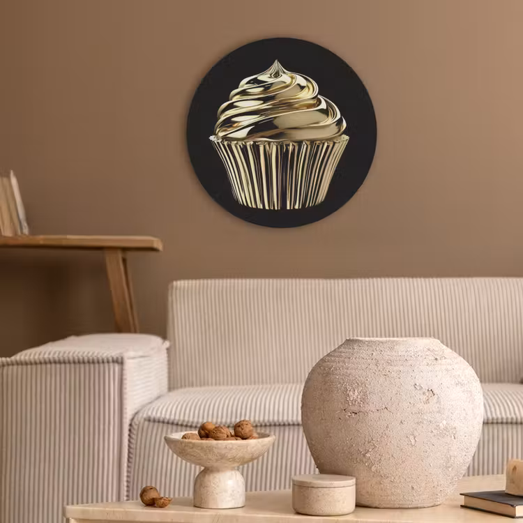 Cupcake - Eten - Goud - Zwart Akoestische PET Vilt - Rond klein -sfeer1