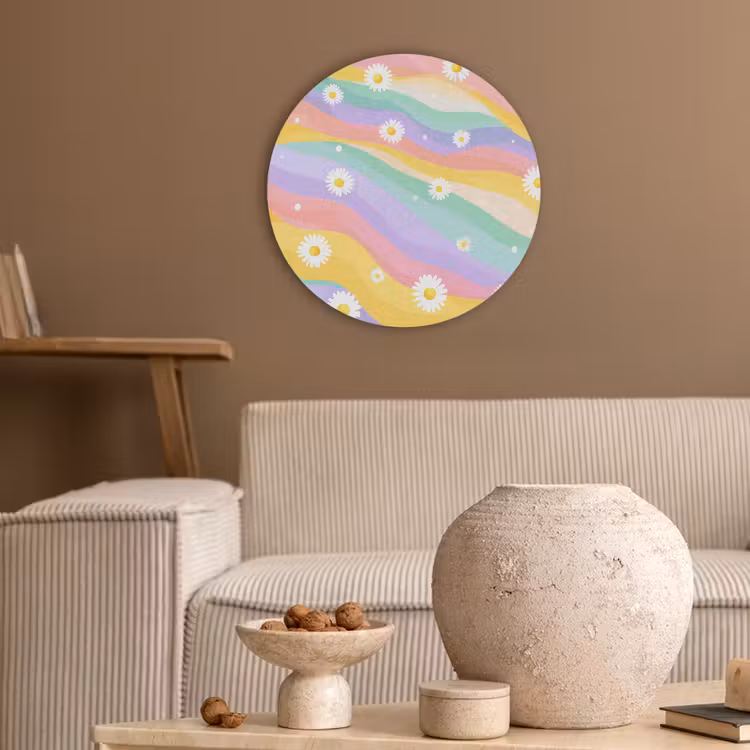 Madeliefjes - Kleurrijk - Pastel - Vrolijk Akoestische PET Vilt - Rond klein -sfeer1