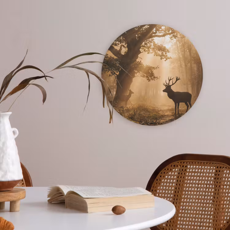 Hert - Bos - Mistig - Natuur - Goud Akoestische PET Vilt - Rond klein -sfeer3