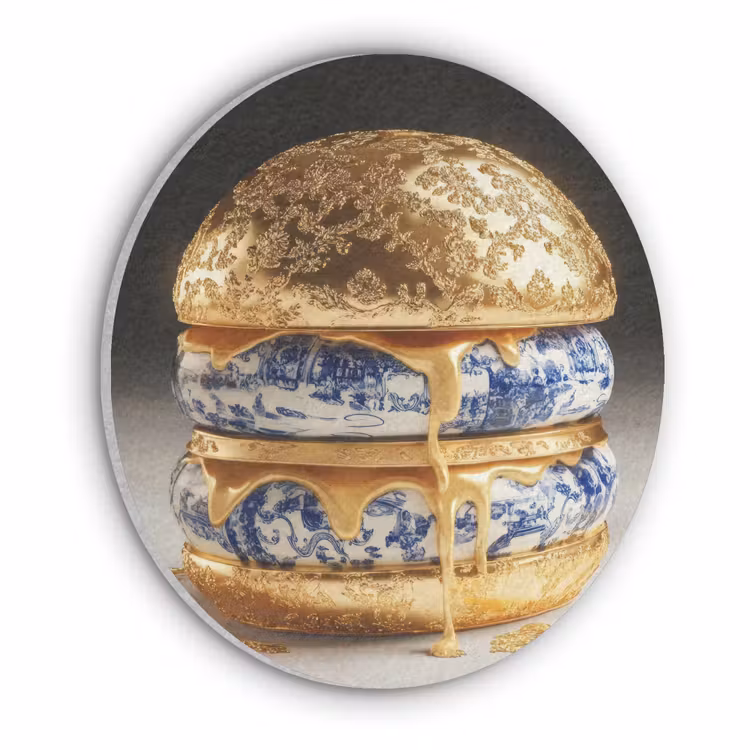 Delftsblauw - Goud - Burger Akoestische PET Vilt - Rond klein -3d