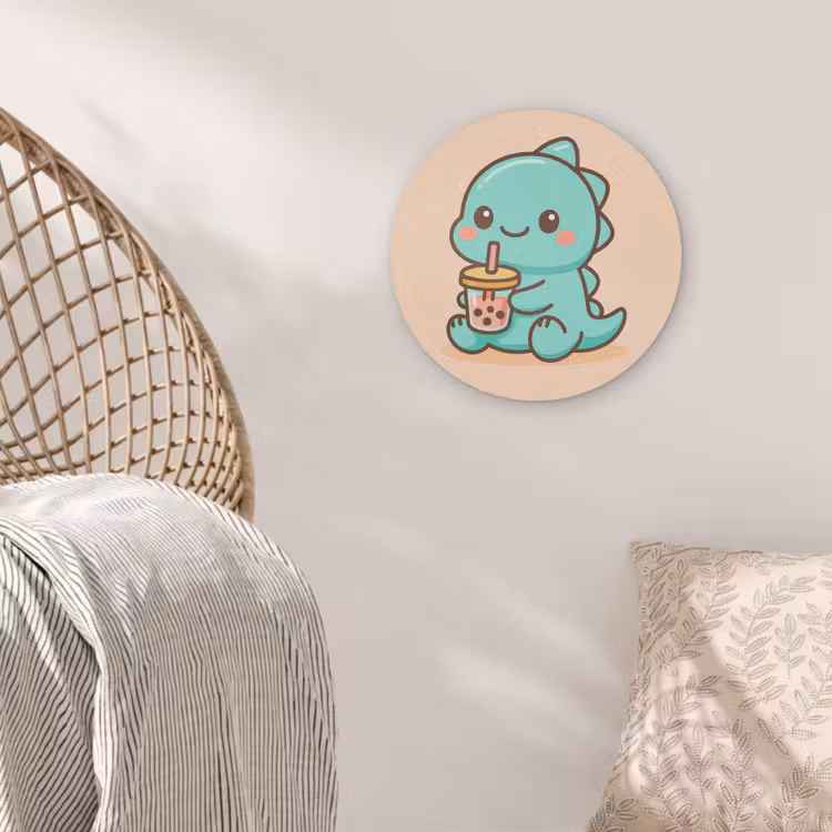 Dino - Boba - kawaii - Oranje Akoestische PET Vilt - Rond klein -sfeer4