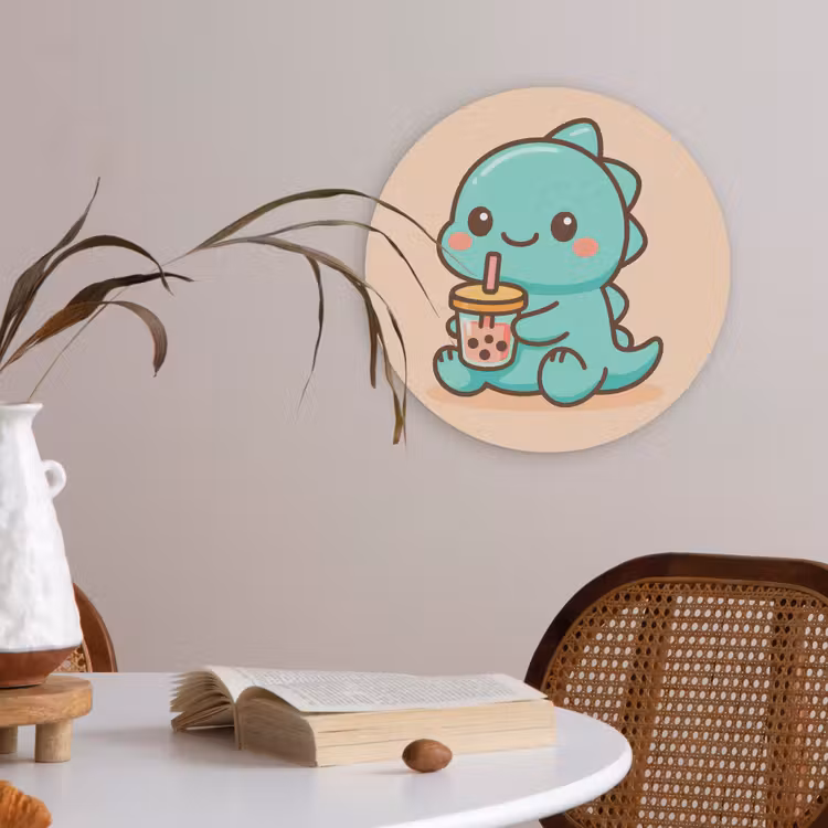 Dino - Boba - kawaii - Oranje Akoestische PET Vilt - Rond klein -sfeer3