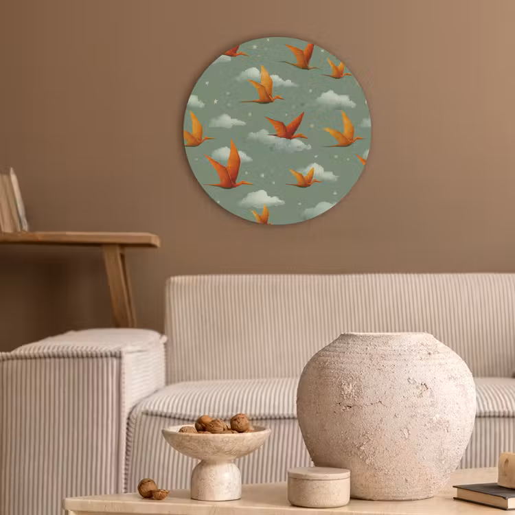 Dinosaurussen - Wolken - Sterren - Oranje Akoestische PET Vilt - Rond klein -sfeer1