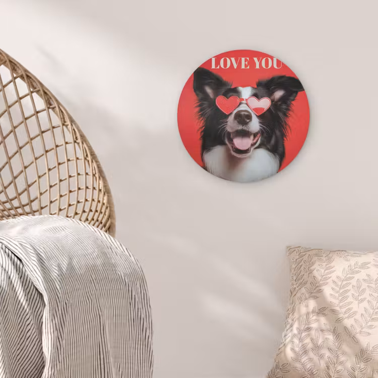Hond - Hartjesbril - Loveyou - Rood Akoestische PET Vilt - Rond klein -sfeer4
