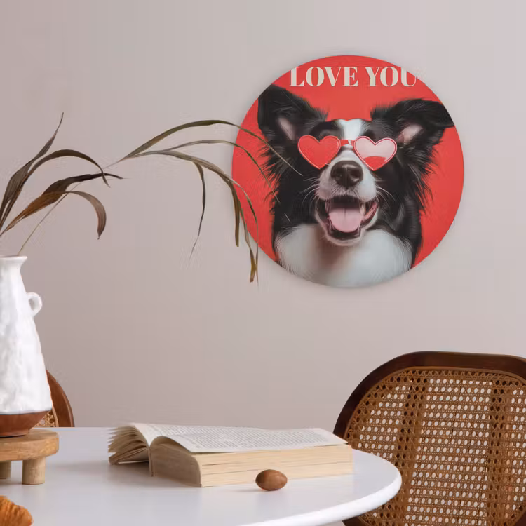 Hond - Hartjesbril - Loveyou - Rood Akoestische PET Vilt - Rond klein -sfeer3