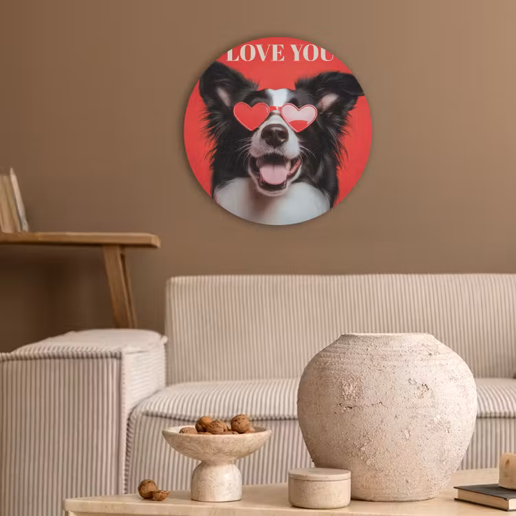 Hond - Hartjesbril - Loveyou - Rood Akoestische PET Vilt - Rond klein -sfeer1