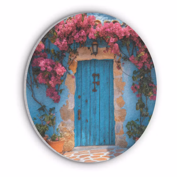Deur - Hout - Bloemen - Blauw Akoestische PET Vilt - Rond klein -3d