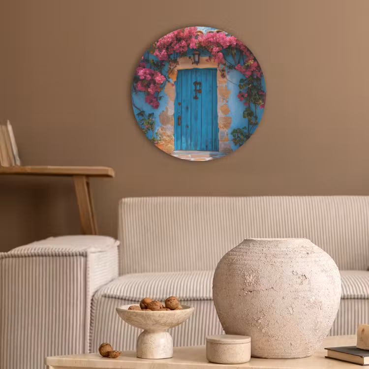 Deur - Hout - Bloemen - Blauw Akoestische PET Vilt - Rond klein -sfeer1