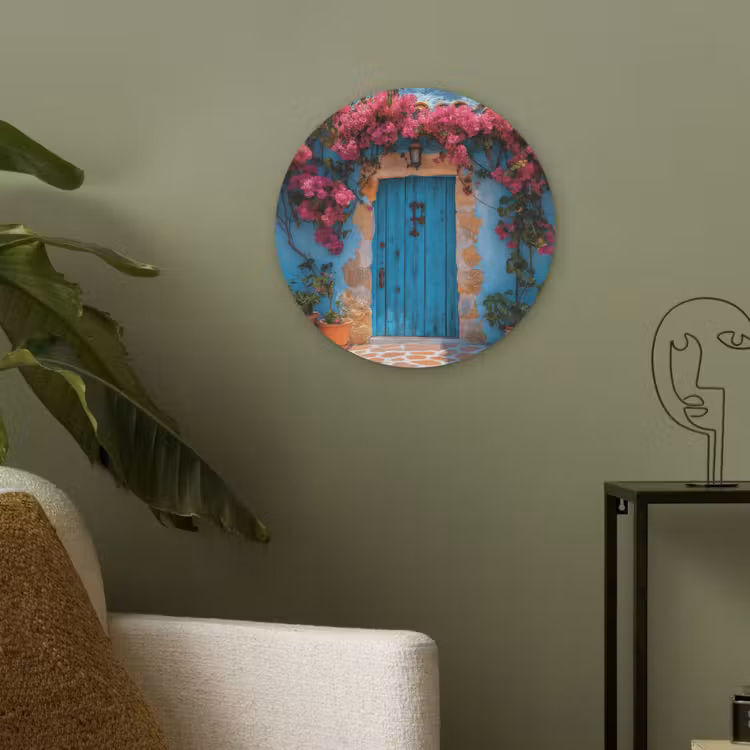 Deur - Hout - Bloemen - Blauw Akoestische PET Vilt - Rond klein -sfeer2