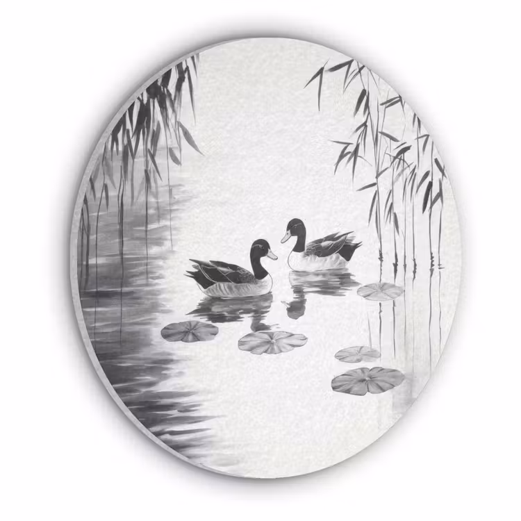 Eenden - Waterlelies - Riet - Zwart Akoestische PET Vilt - Rond klein -3d