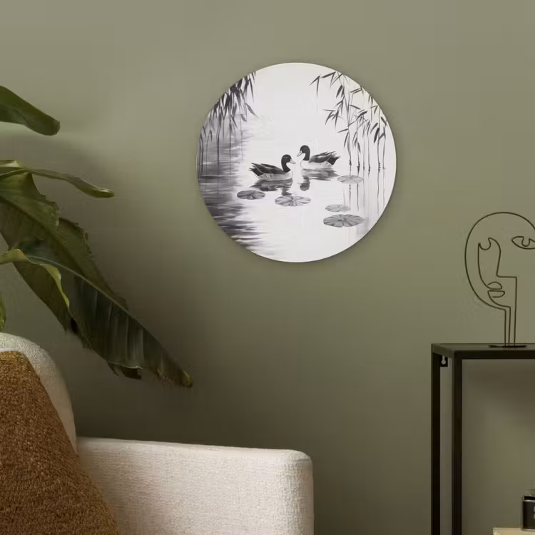 Eenden - Waterlelies - Riet - Zwart Akoestische PET Vilt - Rond klein -sfeer2