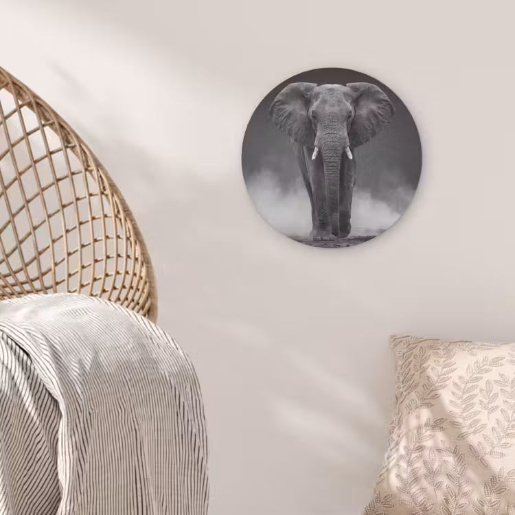 Olifant - Zwart - Wit - Rook Akoestische PET Vilt - Rond klein -sfeer4