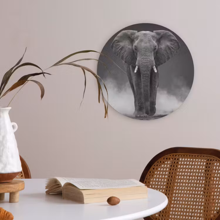 Olifant - Zwart - Wit - Rook Akoestische PET Vilt - Rond klein -sfeer3