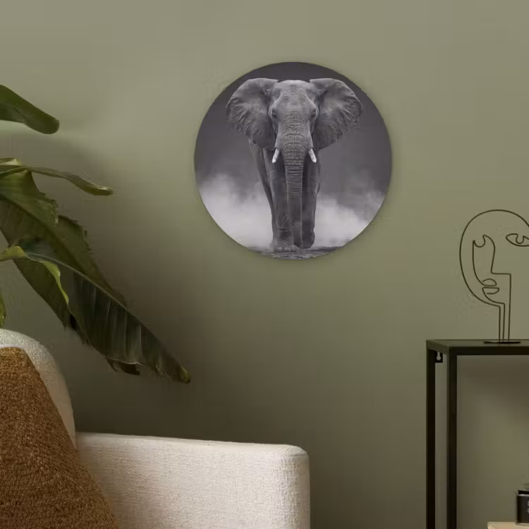 Olifant - Zwart - Wit - Rook Akoestische PET Vilt - Rond klein -sfeer2