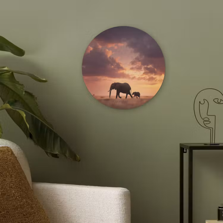 Olifanten - Grasland - Zonsondergang Akoestische PET Vilt - Rond klein -sfeer2