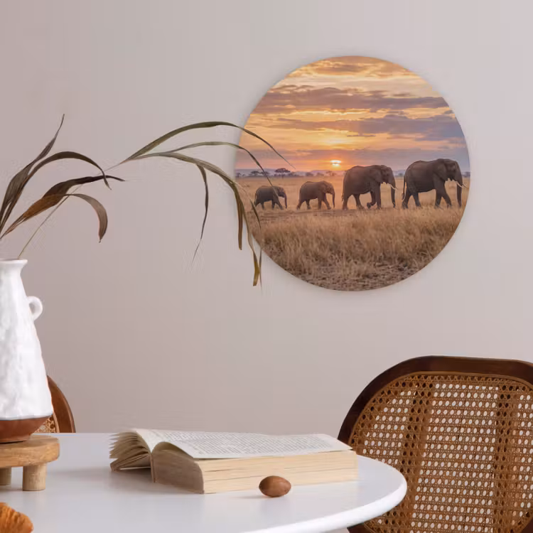 Olifanten - Savanne - Zonsondergang - Afrika - Warm Akoestische PET Vilt - Rond klein -sfeer3