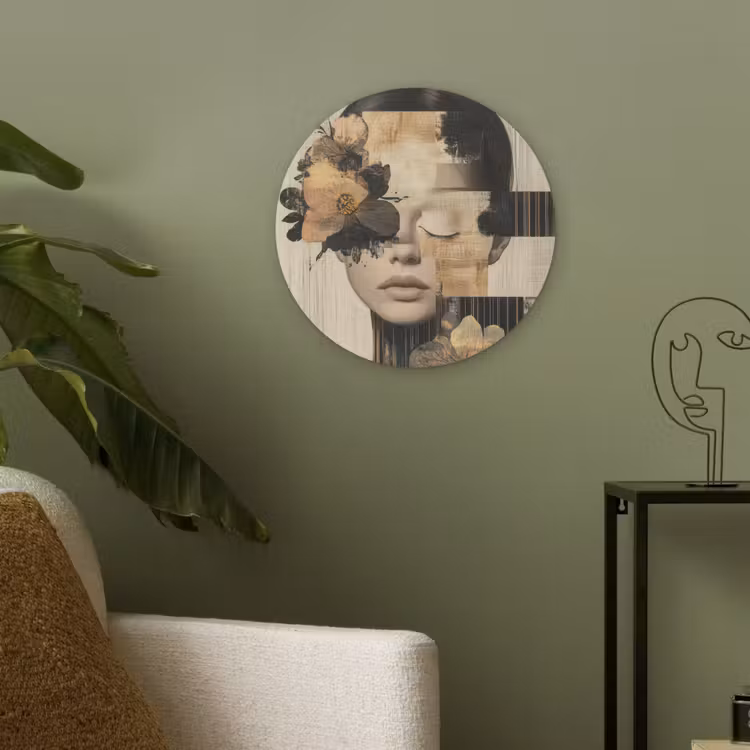 Gezicht - Bloemen - Zwart - Vrouw Akoestische PET Vilt - Rond klein -sfeer2