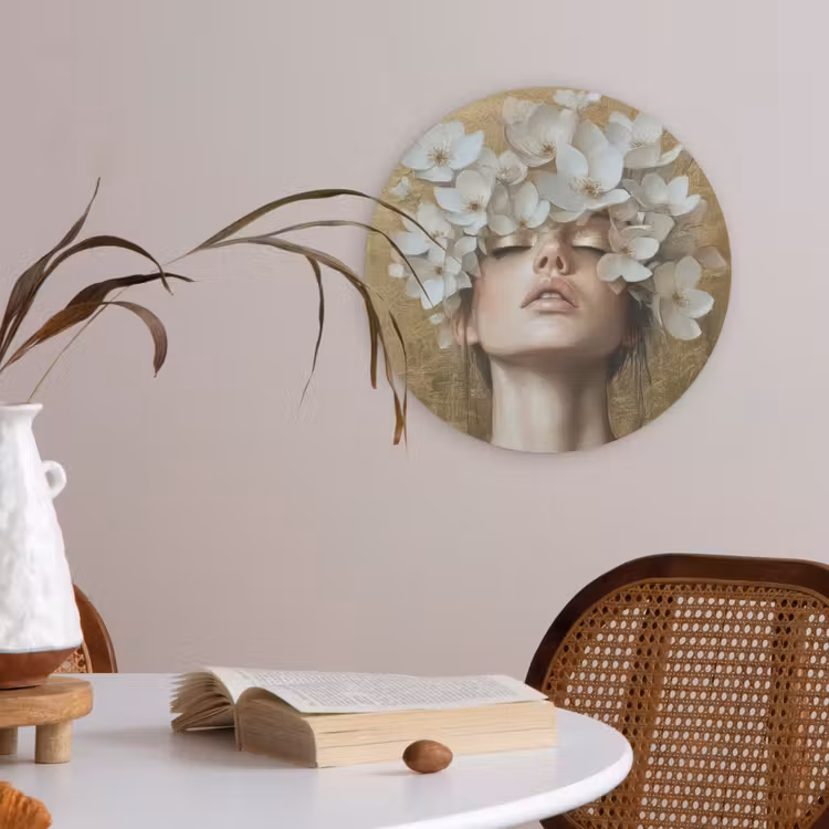 Gezicht - Bloemen - Goud - Abstract Akoestische PET Vilt - Rond klein -sfeer3