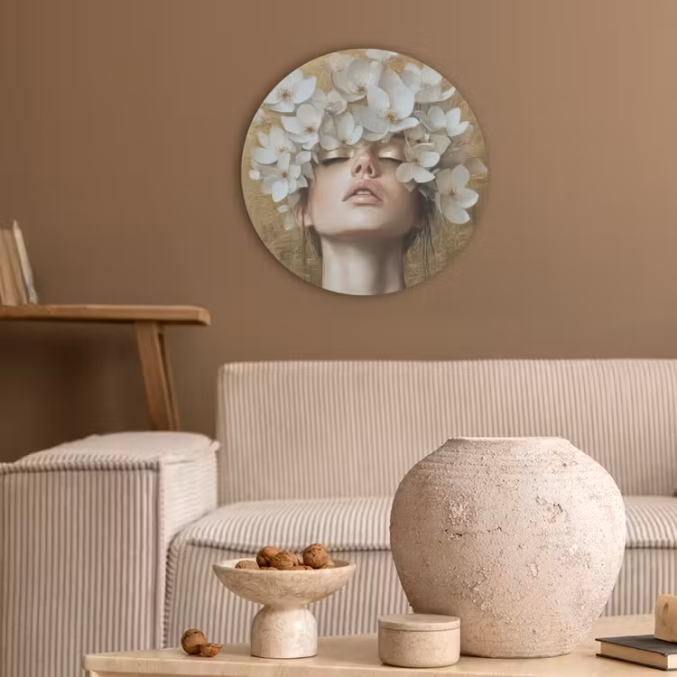 Gezicht - Bloemen - Goud - Abstract Akoestische PET Vilt - Rond klein -sfeer1