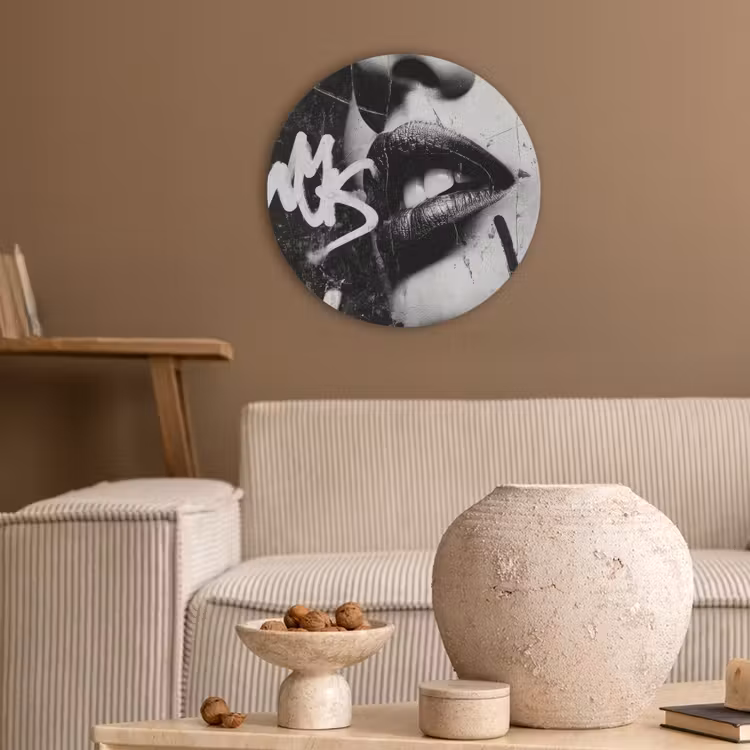 Gezicht - Mond - Graffiti - Zwart Akoestische PET Vilt - Rond klein -sfeer1