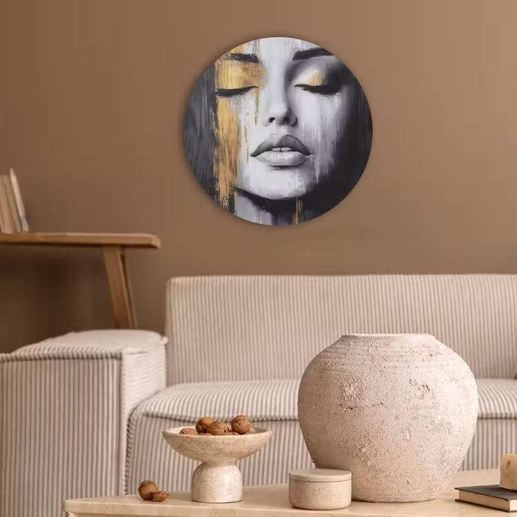 Gezicht - Vrouw - Penseelstreken - Abstract Akoestische PET Vilt - Rond klein -sfeer1