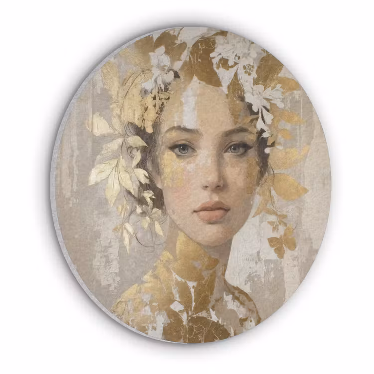 Gezicht - Vrouw - Bladeren - Goud Akoestische PET Vilt - Rond klein -3d
