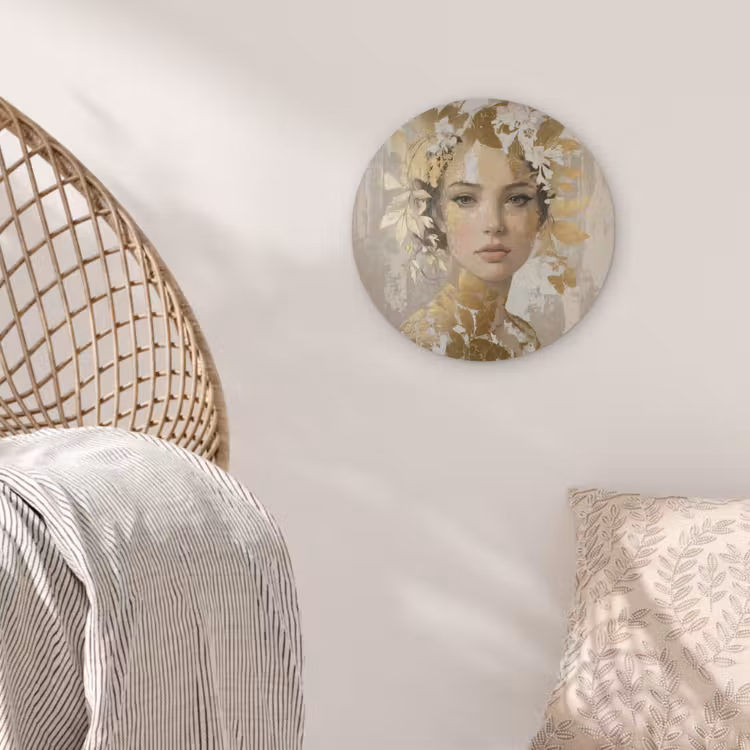 Gezicht - Vrouw - Bladeren - Goud Akoestische PET Vilt - Rond klein -sfeer4