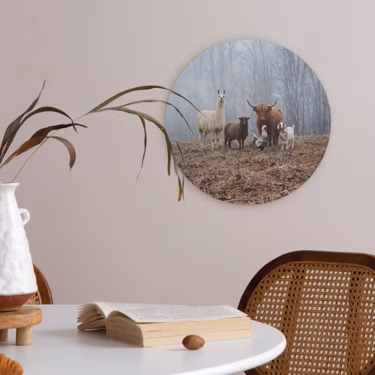 Boerderijdieren - Groep - Mist - Natuur - Rustiek Akoestische PET Vilt - Rond klein -sfeer3