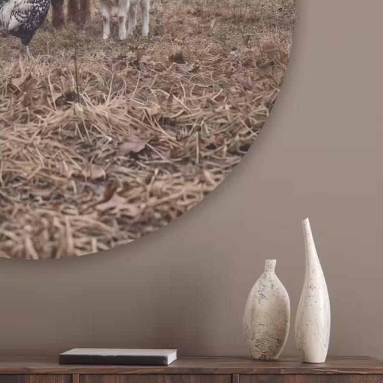 Boerderijdieren - Groep - Mist - Natuur - Rustiek Akoestische PET Vilt - Rond klein -sfeer5_closeup